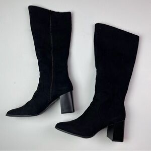 Chic and Stylish Black Heeled Suede Thigh High Block Heel Boots